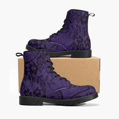 Gothic black lace print on a purple synthetic Vegan Leather Combat boot.  Custom printed and then lovingly handcrafted into these extra comfortable combat style boots.    These stunning boots have a rounded toe and lace up for a snug fit.   The sole is made of high quality rubber, excellent for traction and durability.   All of my Vegan Leather Boots are custom-made-to-order and handcrafted to the highest quality standards. Features synthetic vegan-friendly leather with a double-sided print and Fitted Punk Style Lace-up Boots, Fitted Punk Lace-up Boots, Purple Lace-up Boots For Streetwear, Fitted Lace-up Streetwear Boots, Punk High-top Laced Boots, Punk High-top Lace-up Boots, Punk High-top Boots With Laces, Purple Punk Boots With Round Toe, Gothic Boots With Laces And Round Toe