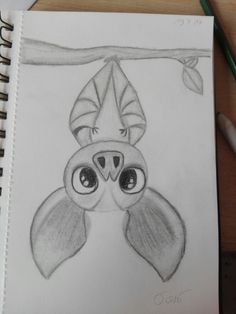 a drawing of a bird with big eyes and a hat on its head, hanging from a tree branch