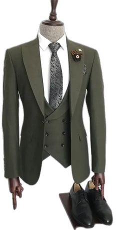 Elegant Green Suits In Suiting Fabric, Green Suit With Suit Collar, Semi-formal Green Three-piece Suit With Suit Collar, Green Three-piece Suit For Semi-formal Occasions, Green Three-piece Business Suit, Tailored Dark Green Business Suit, Elegant Green Business Sets, Elegant Tailored Dark Green Suit, Green Tuxedo Business Sets