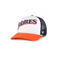 As a die-hard San Diego Padres fan, go grab this Foam Front Trucker snapback hat from '47. The bold San Diego Padres logo embroidered across the crown will get you amped for game day. Thanks to the four mesh panels and structured fit, you'll be able to enjoy a cool and comfortable feel while cheering the team on to victory.As a die-hard San Diego Padres fan, go grab this Foam Front Trucker snapback hat from '47. The bold San Diego Padres logo embroidered across the crown will get you amped for g Throwback Trucker Hat For Baseball Season, Collegiate Trucker Hat With Curved Bill For Baseball Season, Throwback Snapback Trucker Hat For Baseball Season, Throwback Baseball Trucker Hat, Snapback Baseball Cap With Team Logo For Baseball Season, Baseball Season Snapback Cap With Team Logo, Baseball Season Team Logo Snapback Cap, Game Day Snapback Hat With Team Logo, Team-colored Trucker Hat With Curved Brim For Streetwear