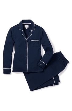 Feel cool and comfy in supersoft pima-cotton pajamas styled with notched lapels, smooth piping and a convenient chest pocket. Top has notched collar; long sleeves 100% cotton Machine wash, dry flat Imported Navy Long Sleeve Sleepwear For Loungewear, Navy Cotton Loungewear Sets, Classic Cotton Sleepwear For Pajama Party, Classic Cotton Sets With Relaxed Fit, Classic Cotton Loungewear Set, Classic Cotton Long Sleeve Sleepwear, Classic Long Sleeve Cotton Sleepwear, Classic Cotton Sleepwear With Long Sleeves, Luxury Sleepwear