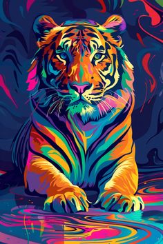 a painting of a tiger sitting on top of a colorful surface with water droplets around it