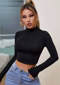 Color_Black Trendy Fitted Mock Neck Top For Night Out, Chic High Neck Crop Top With High Stretch, Fitted Casual Cropped Mock Neck Top, Elegant Long Sleeve Crop Top For Winter, Elegant Long Sleeve Winter Crop Top, Long Sleeve Crop Top For Night Out In Fall, High Neck Tops For Night Out In Fall, Cropped Tops For Night Out Winter, Cropped Top For Night Out In Winter