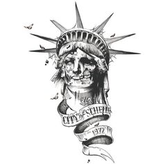 a drawing of the statue of liberty with an american flag on it's head