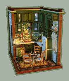 an image of a doll house kitchen and dining room with green cupboards on the walls