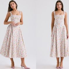 This Stunning Dress Is Luxuriously Made From A Sustainable Stretch Cotton, Printed With A Dainty Rosebud Print. The Sweetly Gathered Neckline Extends Through The Straps And We Love How They Are Wide Enough To Hide Your Bra. The Fitted Bodice Secures The Fit And The Pretty, Voluminous Skirt Will Swish Beautifully With Every Step. Where To Wear: Pretty Date Nights, Garden Parties, Strolling The Farmer's Markets, Champagne Afternoon Teas, Bottomless Brunches, Vacays. Made From Pima Cotton Twill. Fu Fitted Bodice Midi Dress With Bust Darts For Summer, Summer Dresses With Bust Darts, Sleeveless Midi Dress With Bust Darts, Spring Midi Dress With Fitted Bodice And Bust Darts, Spring Sleeveless Dress With Bust Darts, Chic Spring Midi Dress With Bust Darts, Voluminous Skirt, Gathered Neckline, House Of Cb Dresses