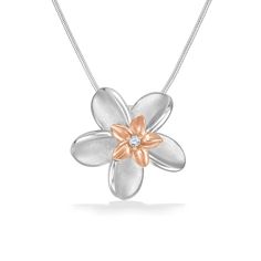 44173 - 14K Rose Gold and Sterling Silver  - Double Plumeria Pendant Fine Jewelry Rose Gold Necklace With Flower Charm, Rose Gold Flower Pendant Necklace In Fine Jewelry Style, Rose Gold Flower Necklace In Fine Jewelry, Rose Gold Flower Necklace Fine Jewelry, Rose Gold Fine Jewelry Necklace With Flower Shape, Hallmarked Rose Gold Flower Pendant Jewelry, Rose Gold Hallmarked Flower Pendant Jewelry, Rose Gold Hallmarked Fine Jewelry Necklace, Anniversary Flower Pendant Necklace With Polished Finish