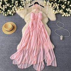 Elegant Pink Chiffon Halter Maxi Dress Elegant Pink Halter Dress With Spaghetti Straps, Pink Ruffle Dress For The Beach, Chic Pink Halter Dress For Wedding, Pink Chiffon Summer Prom Dress, Tiered Chiffon Evening Dress For Summer, Pink Summer Prom Chiffon Dress, Summer Evening Tiered Chiffon Dress, Chic Pink Ruffle Dress For The Beach, Chic Pink Ruffle Dress For Beach