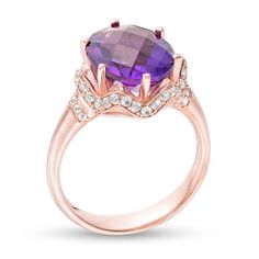 Turn heads with this astounding gemstone and diamond ring. Crafted in precious 10K rose gold, this confident design showcases a dazzling 12.0 x 10.0mm oval-shaped bright purple amethyst atop a sculpted scalloped setting lined with sparkling diamonds. Shimmering diamond-lined collars complete this amazing look. Captivating with 1/3 ct. t.w. of diamonds and a brilliant buffed luster, this ring is bursting with style. Luxury 14k Rose Gold Diamond Ring, Luxury Rose Gold Amethyst Ring With Center Stone, Luxury Amethyst Ring With Diamond Accents For Promise, Luxury Amethyst Promise Ring With Diamond Accents, Luxury Rose Gold Amethyst Ring For Anniversary, Luxury Rose Gold Amethyst Ring With Prong Setting, Elegant Amethyst Ring In Rose Gold For Anniversary, Elegant Rose Gold Amethyst Ring With Center Stone, Formal Rose Gold Amethyst Ring With Center Stone