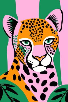 a painting of a cheetah with green leaves on it's chest and pink background