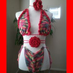 2 Piece Multi Colored Bikini, Hand Made, Hand Wash Only Not Machine Safe. Red Triangle Halter Top For Beach, Red Halter Neck Top For Poolside, Red Summer Halter Top, Red Halter Top For Beach Season Swimming, Red Halter Top For Swimming During Beach Season, Red Halter Top For Vacation Beachwear, Red Halter Top For Poolside Beach Season, Red Halter Top For Pool, Red Halter Top For Beach Vacation