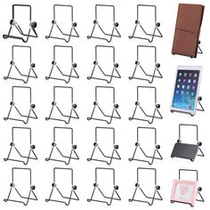 an ipad and tablet holder are shown in this set of twelve images, each with different attachments