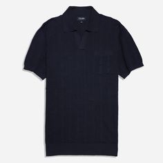 The Textured Rib Navy Polo— inspired by the dominant blue hues of the classic polo shirt, feautring a refined open weave knit. | Men's Tie Bar: Textured Rib Polo - XS Shirt, In Navy, Cotton, Solid Johnny Collar, Men's Tie, Tie Bar, Open Weave, Cotton Polo, Blue Hues, Retro Inspired, Collar Styles, Denim Jacket