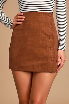 Lulus Exclusive! Keep it classic in the Lulus Katherina Rust Brown Button Front Corduroy Skirt! Soft and trendy corduroy shapes this high-waisted skirt with a flattering A-line silhouette and a row of functioning covered buttons along the side. Pair this skirt with a long sleeve top for a fall-approved look! Fit: This garment fits true to size. Length: Mid-thigh. Size small measures 16.25" from waist to hem. Waist: Fitted - very fitted at natural waist. Hip: Loosely Fitted. Fabric: Fabric has no Skirt Lulus, Lace Summer Dresses, Brown Skirt, Casual Wedding Dress, Brown Corduroy, Corduroy Skirt, Lace Midi Dress, Party Wear Sarees, Cute Skirts