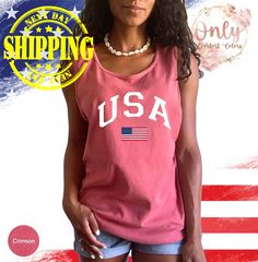 USA Flag Tank Top, Comfort Colors Tank Tops, America Tank Top, 4th of July Tank Top, American Flag Tank Top, July 4th Tank Top, Veterans day ' Shirt Materials & Features: *Comfort Colors - Garment-Dyed Heavyweight Tank Top - 9360 *6.1 oz./yd², 100% ringspun cotton, garment-dyed, 20 singles *Relaxed fit *Bound self-fabric neck and armholes *Double-needle neck, armhole and bottom hems *Signature twill label *Our garments are pre-shrunk during the garment dye and wash processes for almost no shrink Sleeveless Tops For Independence Day, 4th Of July Cotton Tank Top, American Flag Print Cotton Tank Top, Crew Neck Cotton Tank Top For 4th Of July, Red Cotton Tank Top For 4th Of July, 4th Of July Cotton Tank Top With Letter Print, Patriotic Crew Neck Tank Top For 4th Of July, Patriotic Cotton Tank Top For Spring, Red Sleeveless Top With American Flag