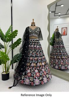 Designer black lehenga choli with floral embroidery work,faux Georgette lehenga for function,wedding lehenga with sequin work,stylish lengha Lehenga details: Color : Black Fabric   : Faux Georgette   Work.    : thread with Sequence Size      : Up to 44 Inner.    : Micro Lehengha Type : Semi-Stitch, cancan with canvas Choli: Fabric   : Faux Georgette   inner.    : micro Work    : Thread with Sequence Size      : Upto 44  Un-stich  Dupata: Fabric    : Butterfly net  Work     :  Sequence Weight  : Bridesmaid Lengha, Designer Lehnga Choli, Black Lehenga Choli, Indian Bridesmaids, Lehenga Choli For Women, Bridesmaid Lehenga, Choli For Women, Butterfly Net, Black Lehenga