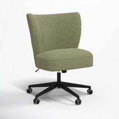 a green office chair with wheels and casteors on the back, against a white background