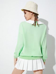 Solid Color Fungus Doll Collar Long Sleeve Casual Sweatshirt Spring Preppy Cotton Sweater, Cute Relaxed Fit Tops With Ribbed Cuffs, Preppy Green Tops For Fall, Green Preppy Tops For Fall, Collared Tops For College In Spring, Long Sleeve Sweater For College In Spring, Green Tops With Ribbed Collar, Green Long Sleeve Top With Ribbed Collar, Green Long Sleeve Tops With Ribbed Collar