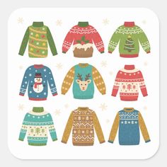 christmas sweaters with snowman, reindeer and santa claus hats on white background stock photo