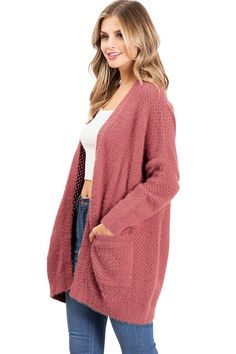 Cozy knit cardigan with a fuzzy eyelash texture and classic open front. Pockets on the sides. Easy slip on cardigan that pairs well with any casual outfit. CARE | Hand Wash Cold CONTENTS | 100% AcrylicMEASUREMENTS | 31"/79 cm Top to Bottom (Size S/M) MODEL | 5'8 - wearing a size S/MIMPORTED Trendy Cardigan For Layering With Soft Texture, Trendy Soft Texture Cardigan For Layering, Open Knit Cardigan For Fall Loungewear, Solid Soft Knit Sweater Coat With Open Front, Soft Knit Open Front Sweater Coat, Solid Open Front Soft Knit Sweater Coat, Solid Color Soft Knit Open Front Sweater Coat, Winter Open Knit Cardigan For Loungewear, Cozy Solid Color Cardigan For Layering