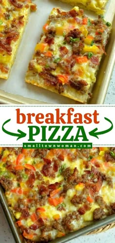 this breakfast pizza is loaded with sausage, cheese and veggies it's ready to be eaten