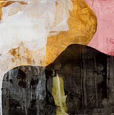 an abstract painting with black, yellow and pink colors on it's surface is shown in the foreground