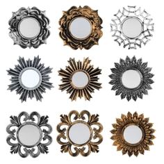 six mirrors with different shapes and designs on them, one is gold, the other is silver