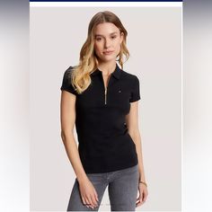 Brand New, Tags Attached. Solid Black Womens Polo Shirt. Features Gold 1/4 Zip Detail. Classic And Perfect For Any Occasion. Fitted Tommy Hilfiger Polo Collar Top, Chic Black Polo Collar Top, Chic Black Top With Polo Collar, Tommy Hilfiger Short Sleeve Tops For Work, Classic Black Tommy Hilfiger Top, Tommy Hilfiger Tops Women, Tommy Hilfiger Women Shirt, Pink Polo Shirt, Tommy Hilfiger Top