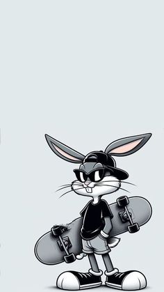 a cartoon rabbit holding a skateboard in its paws and wearing black clothes with white shoes