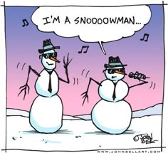 two snowmen with hats and sunglasses are talking to each other, one is singing