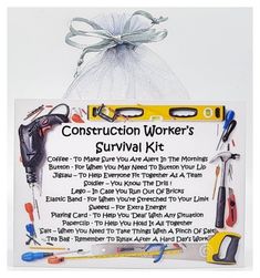 a construction worker's survival kit with tools in the bag and instructions on how to use it