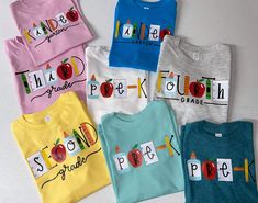 "Welcome to Cotton and Pearls Vinyl! Let's get the kiddos ready for school with a new tee! These unisex fit tees come with the grade of your choice as shown above. Choose from cursive or print for the word \"grade\". All designs are hand pressed with professional grade heat transfer vinyl. Unisex toddler or youth T-shirt with several grade options! Please leave shirt color in the personalization box. Sizes 2T-7 Youth XS-XL See listing photos for color charts." Back To School T-shirt With Heat Transfer Vinyl, Multicolor Letter Print T-shirt For School Events, Short Sleeve T-shirt For School Events In Summer, Cotton Short Sleeve Tops For School Events, Fun Letter Print T-shirt For End Of School Year, School Spirit Tops With Name Print For School Events, Playful T-shirt For School In Spring, End Of School Year Fun T-shirt With Letter Print, Casual T-shirt With Name Print For School Events