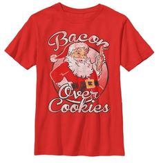 Santa Claus is staying away from the carbs, so leave him some bacon and the Lost Gods Christmas Bacon Over Cookies Boys' T-Shirt this year instead. A distressed vintage style Santa Claus is printed alongside the funny motto "Bacon Over Cookies" on this funny boy's Christmas tee. Size: XS.  Color: Red.  Gender: male.  Age Group: kids.  Pattern: graphic. Christmas Bacon, Santa Tee, Funny Boy, Sleeve Packaging, Boys Christmas, Boy Tees, Slim Fit Shorts, Christmas Tees, Direct To Garment Printer