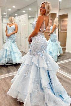 Mermaid Grad Dresses, Winter Court, Blue Long Prom Dress, Trumpet Prom Dress, Prom Proposals, Tiered Prom Dress, Prom Inspo, Dresses Unique, Cute Prom Dresses