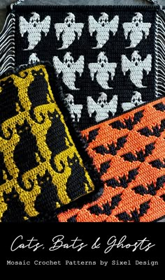 four crocheted bags with black and orange designs on them, all decorated in different patterns