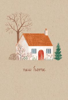 a drawing of a house with a tree in the background and words new home written on it