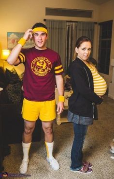 a man and woman are dressed up in football uniforms