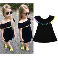 Adorable Cotton Black Dress With Colorful Pom Pom Fringe. Cute To Wear On Or Off The Shoulder. Black Spring Dress-up Dresses, Playful Black Summer Dress, Black Dress For Spring Dress-up, Cute Black Cotton Dress, Playful Black Cotton Dress, Black Cotton Party Dress, Princess Party Dress, Kids Wear Girls, Newborn Baby Girls