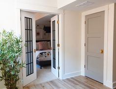 an open door leading to a bedroom with a bed in the background and a potted plant next to it