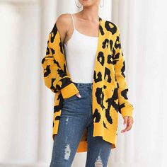 Women's Open Front Leopard Knit Cardigan Sweaters Pockets Long Sleeve Outwear K066 ❤ Model: K066 Color White Yellow Green Black Light Card ❤ Size Guide: S=US 4-6, M=US 8-10, L=US 12-14, XL=16. ❤ The knitted fabric is stretchy and soft, super soft will keep you warm and comfortable in the cold. ❤ Perfect for walking to the street, daily, vacation, party, school, cruise, club, office, etc. You can match different styles according to the weather to create a lovely fall and winter look. The best gif Leopard Cardigan, Leopard Design, Leopard Print Cardigan, Slouchy Sweater, Cardigan Sweater Coat, Plus Size Sweaters, Printed Cardigan, White Cardigan, Cardigan Sweaters For Women