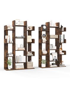 two bookshelves made out of wooden planks