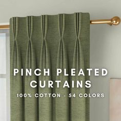 pinch pleated curtains with the text, 100 % cotton 54 colors