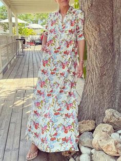 White Casual Maxi Dress With 3/4 Sleeves, Casual White Maxi Dress With 3/4 Sleeves, Casual Half Sleeve Maxi Dress For Vacation, Spring Half-sleeve Printed Dresses, Spring Half Sleeve Printed Dresses, Casual 3/4 Sleeve Maxi Dress For Beach, Casual Floral Print Maxi Dress With 3/4 Sleeve, Casual Floral Print Dress With 3/4 Sleeves, Casual Maxi Dress With Floral Print And 3/4 Sleeve