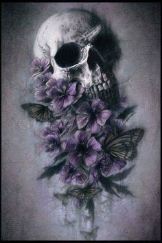 a skull sitting on top of a pile of purple flowers next to a black and white butterfly