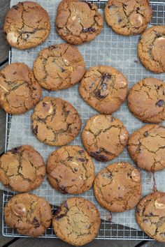 chocolate chip cookies cooling on a wire rack