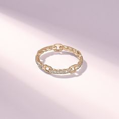 The Savannah Cable Link Chain Stacking Ring is a captivating and elegant piece of jewelry designed to enhance your style. Crafted with care and precision, this ring features a full eternity band with a unique twist - a cable link chain design embellished with sparkling moissanite stones. Features * Made to Order. * Gold KT: 10K, 14K, 18K * Custom Gold Color: Yellow Gold, White Gold, Rose Gold * Moissanite Color-Clarity: D-E-F color VVS Clarity * Total CTW: 0.23 ctw * Width of Band: 3.45MM * Thic Crystal Ring With Diamond Accents On Round Band, Stackable Diamond Jewelry With Open Band, Gold Diamond Stackable Crystal Ring, Gold Stackable Diamond Crystal Ring, Stackable Gold Crystal Ring With Diamonds, Elegant Stackable Diamond Ring With Open Band, Diamond Crystal Ring With Half Eternity Style, Elegant Stackable Open Ring Eternity Band, Dazzling Gold Stackable Rings