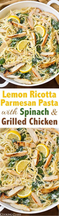 this lemon ricotta parmesan pasta with spinach and grilled chicken is an easy weeknight meal