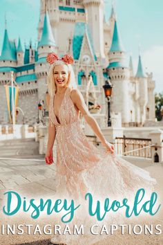 a woman in a pink dress is posing for a photo with the disney world castle behind her