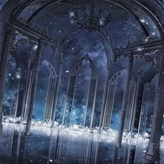 an artistic scene with columns and stars in the night sky, as well as water