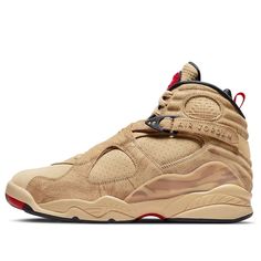 A look at the Nike Air Jordan 8 Retro SE reveals a sneaker that is both stylish and comfortable. This shoe was designed for NBA athlete Rui Hachimura and features a tan suede upper with perforated detailing and tonal patterned overlays. The 8's signature details remain intact, including the unique cross-strap design, printed mudguard, and chenille tongue patch, updated here in red with Rui's personal logo. The sneaker rides on a matching tan polyurethane midsole with encapsulated Nike Air cushioning in the forefoot and heel, providing superior comfort whether you're on the court or just running around town. So grab a pair of these stylish and comfortable sneakers today. Nike Airmax 97, Air Jordan 8 Retro, Nike Air Jordan 8, Nike Airmax 95, Carolina Do Norte, Black Samurai, Air Jordan 8, Nike X Travis Scott, Nike Airforce 1